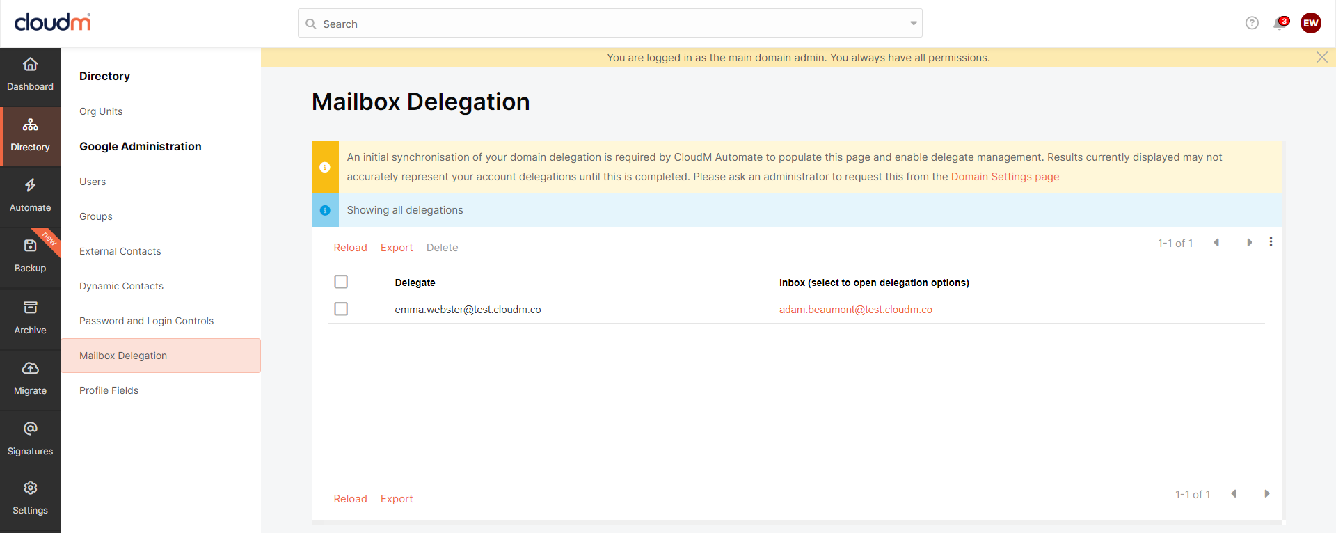 Mailbox Delegation screen