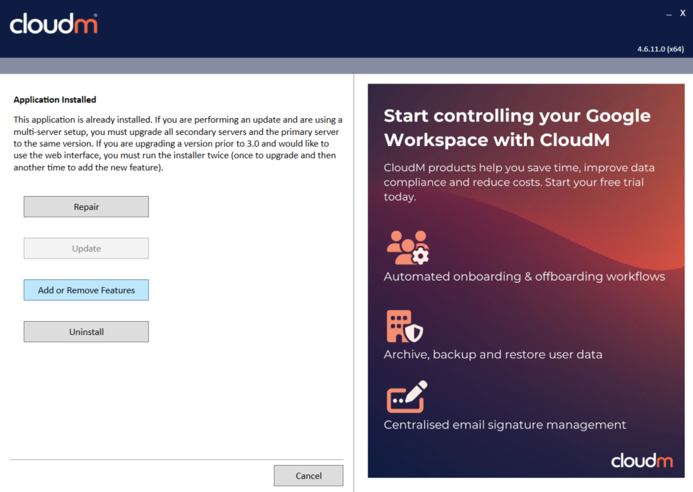 CloudM Migrate Installation Wizard showing Add or Remove Features option