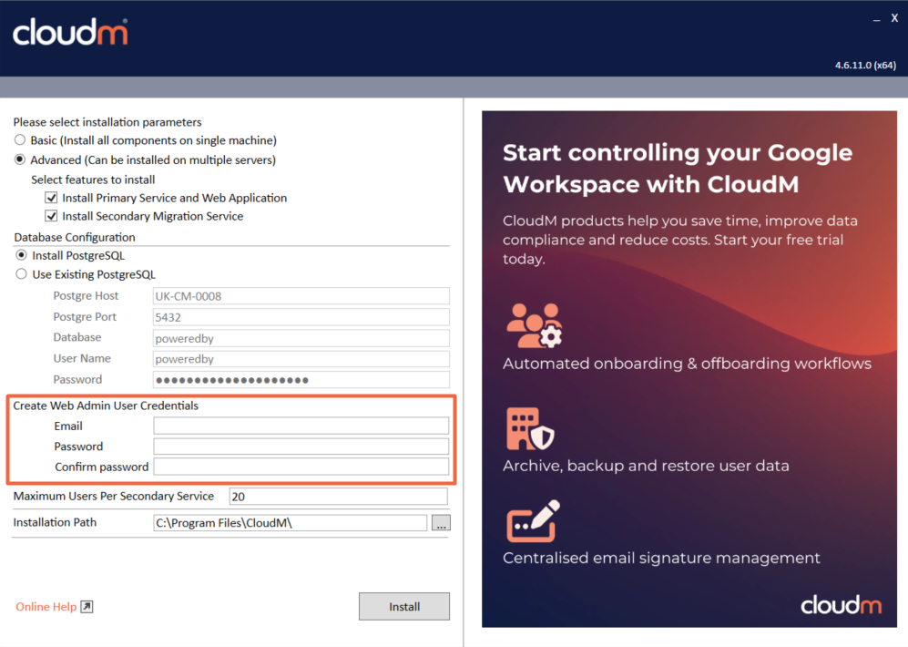 User Configuration screen showing Email and Password fields