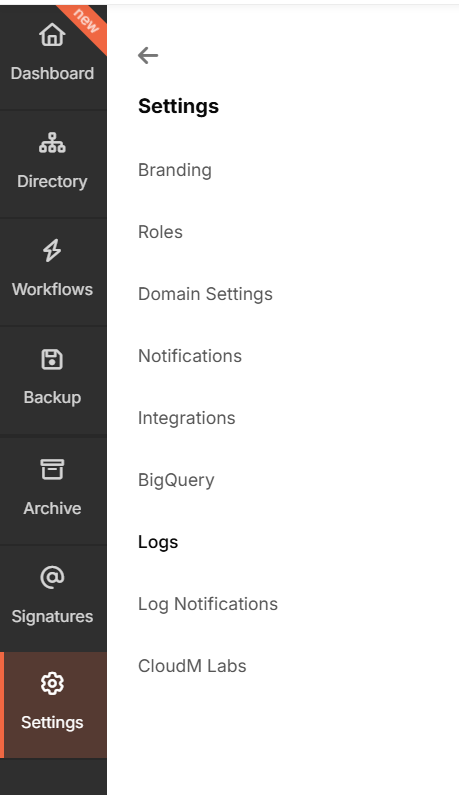 Settings Logs navigation