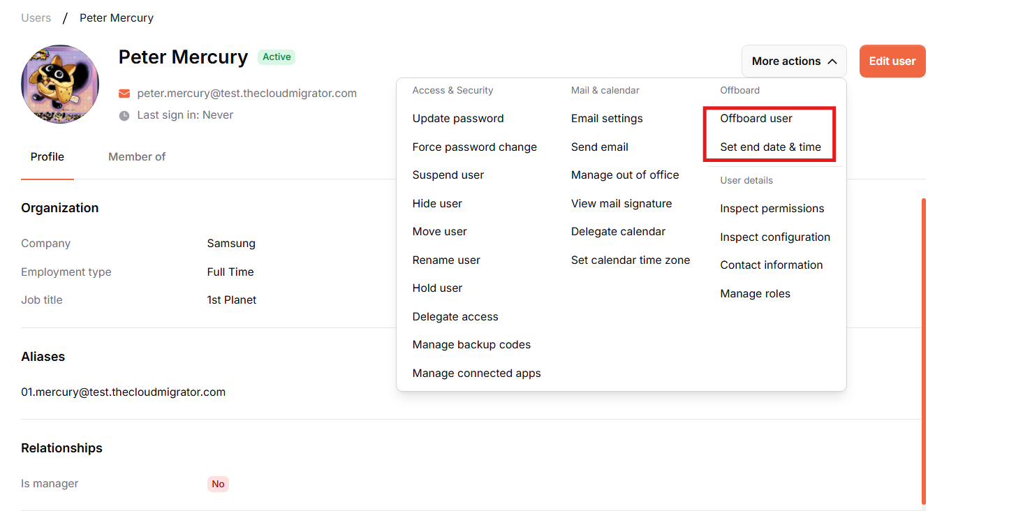 Manual offboarding via user actions menu
