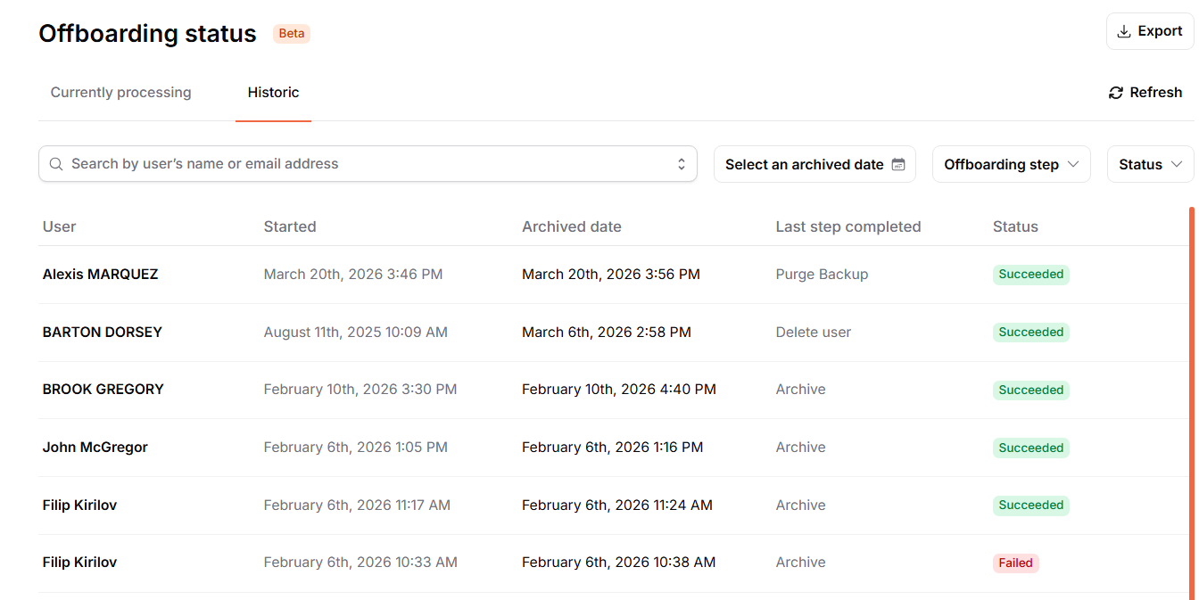Offboarding status Historic tab with Export button