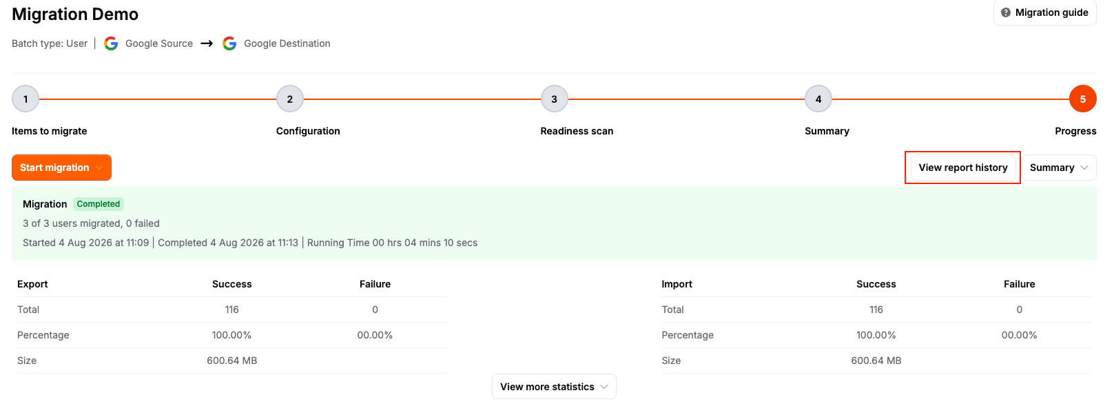 View report history button on the Progress page listing previous migration runs