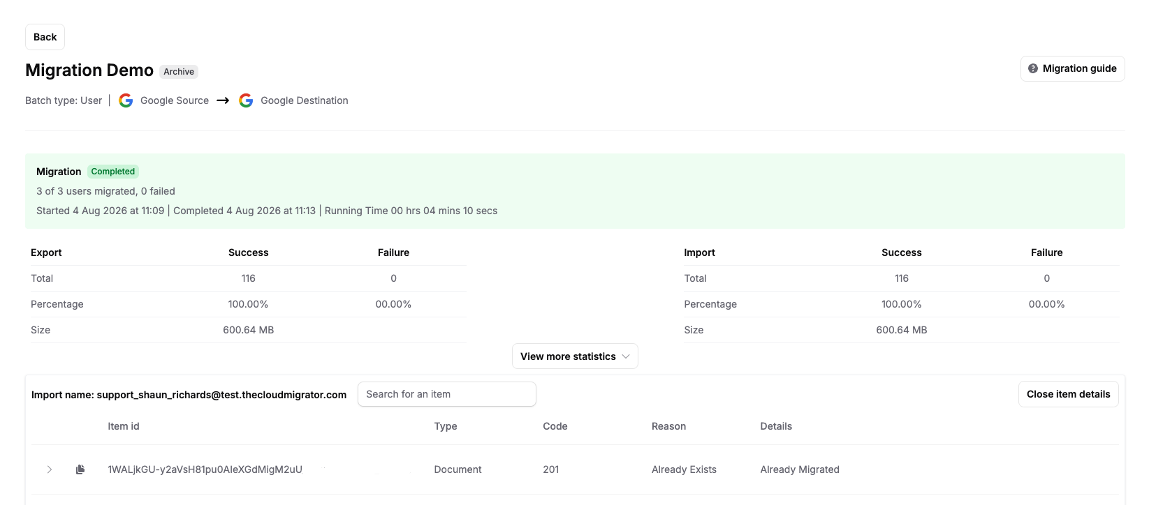 Detailed per-item export and import results for a previous migration run