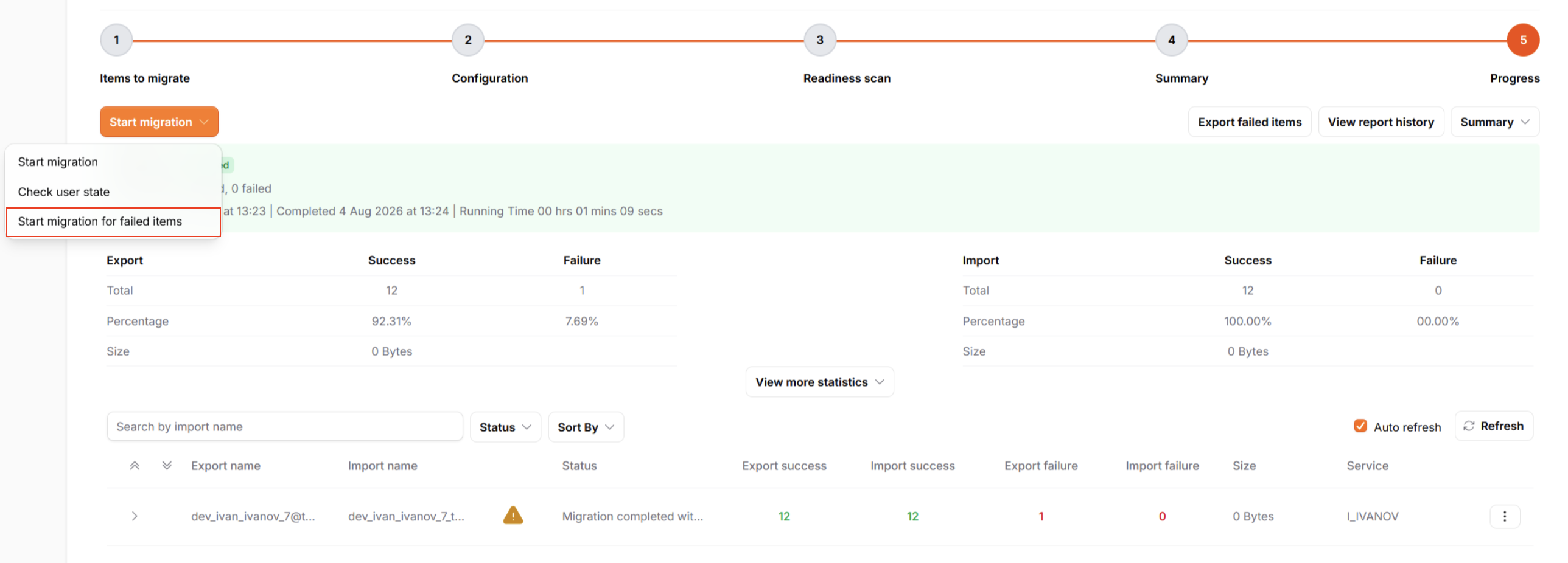 Start migration dropdown showing the Start migration for failed items option