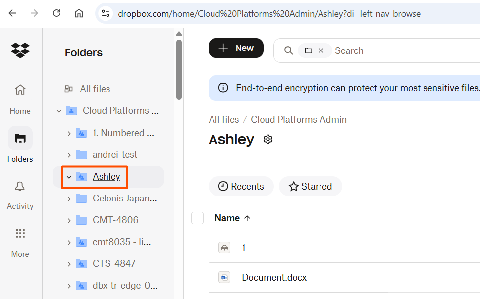 The Dropbox file browser showing the Ashley folder highlighted inside the Cloud Platforms Admin Team Space