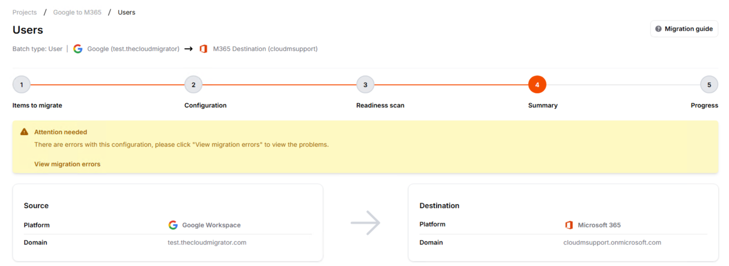The Summary step of a migration batch with an Attention needed warning and a View migration errors link