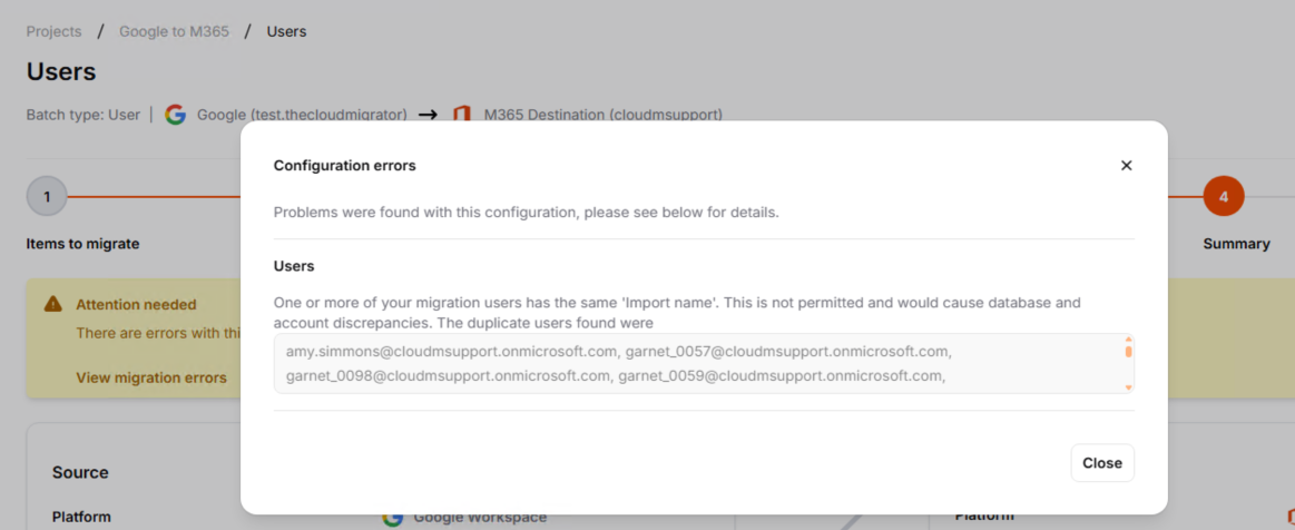 The Configuration errors window showing the duplicate Import name error and the list of affected user addresses