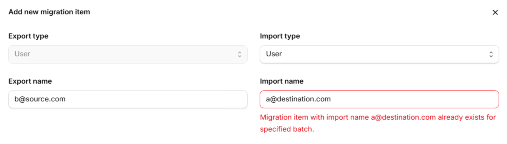 The Add new migration item form with the Import name field highlighted in red and the message Migration item with import name already exists for specified batch