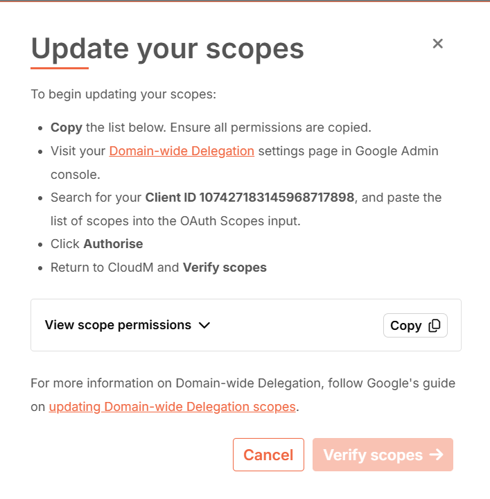 Verify Scopes button and dialogue