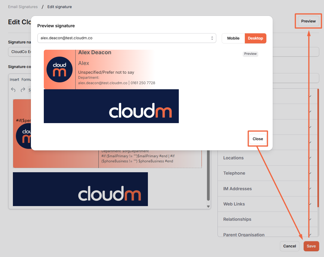 The Preview signature window, opened from the Preview button, showing the saved signature for a selected user, with the Preview, Close and Save buttons marked