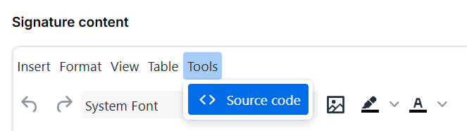 The Tools menu in the signature editor with the Source code option highlighted
